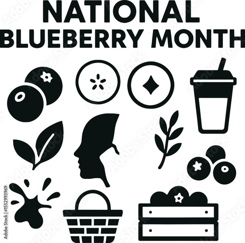 Black silhouette icon set for National Blueberry Month — featuring whole blueberries, slices, leaf sprigs, juice splash, smoothie cup, picnic basket, farm crate — all in clean silhouette on white back