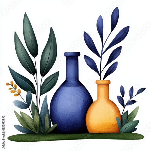 Blue and Yellow Vases with Lush Green Foliage Illustration