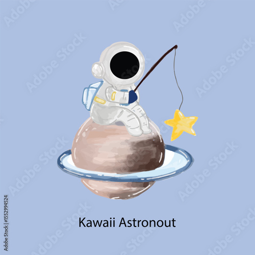 Watercolor Cute Little Astronaut Collection. Kawaii Astronaut different variant gesture or activity. 
