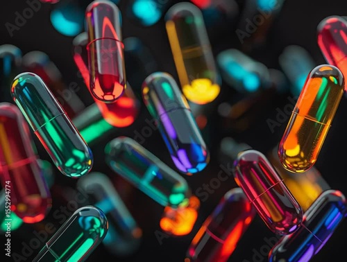 Colorful capsules falling against a dark backdrop, representing medicine and health concept.