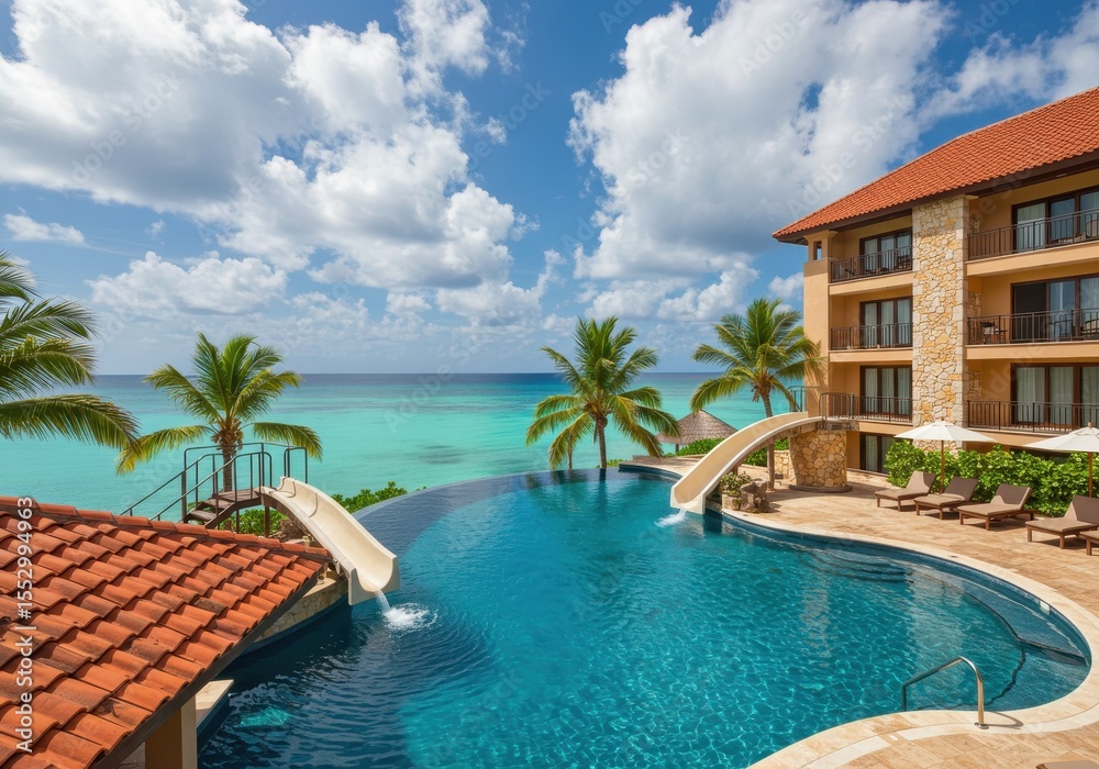Obraz premium Luxury resort pool with slides overlooking the ocean on a sunny day