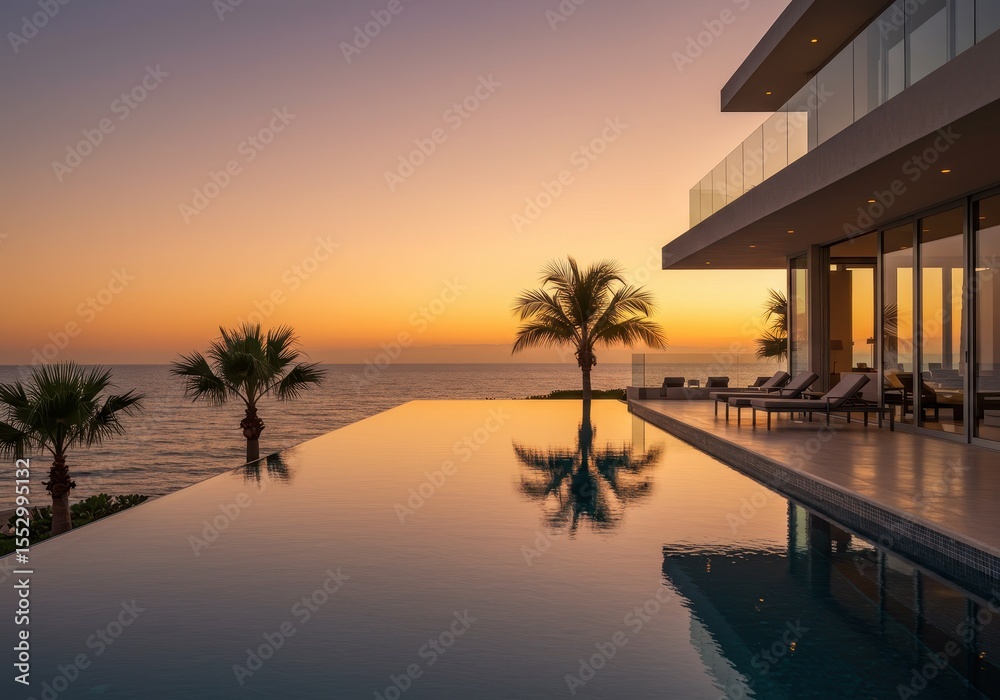 Obraz premium Infinity pool reflects sunset sky near modern villa with palm trees
