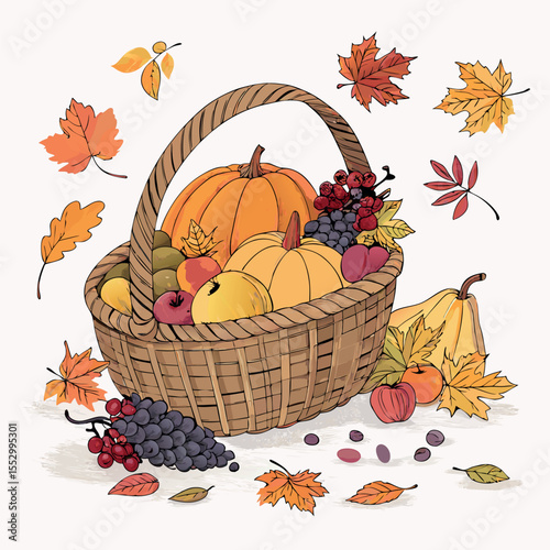 Abundant Harvest Basket Filled with Autumn Fruits and Pumpkins Surrounded by Falling Leaves