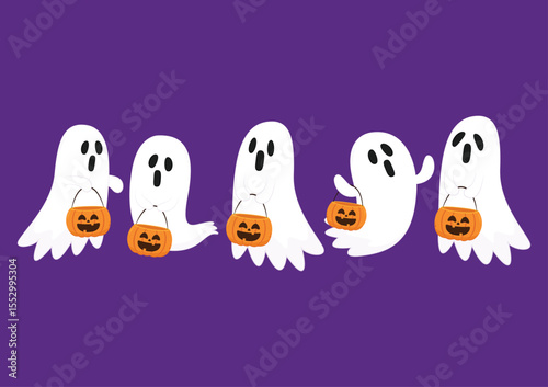 Cute ghost floating with Halloween. Funny spooky boo character. Spook phantom with happy smiling face expression. Isolated kids flat vector illustration.