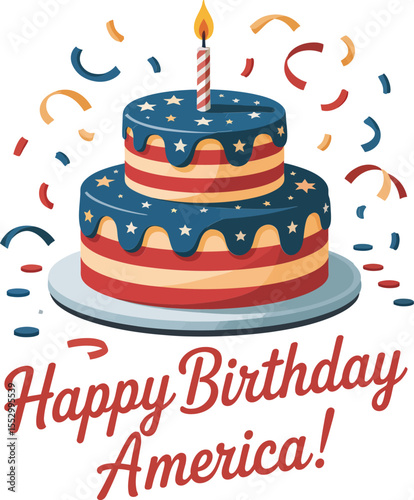 Festive layer cake decorated in red white blue with candle and confetti for happy birthday America celebration  