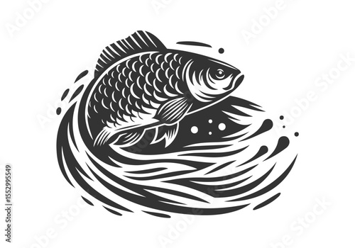 Common Carp Hand Drawn Natural Illustration Stylized as Linocut Vector Isolated by AZ for Books, Arts, Design and Decoration Graphic Asset