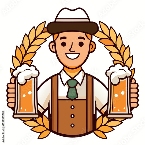 Man in Lederhosen Holding Beer Mugs Surrounded by Wheat Stalks and Wreath