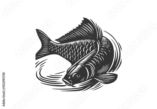 Common Carp Hand Drawn Natural Illustration Stylized as Linocut Vector Isolated by AZ for Books, Arts, Design and Decoration Graphic Asset