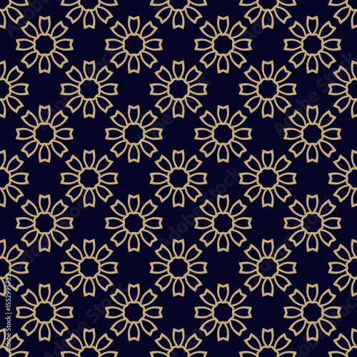 Vector geometric floral seamless pattern. Simple elegant background with golden outline flowers. Retro vintage texture. Black and gold luxury ornament. Repeated geo design for decor, print, textile
