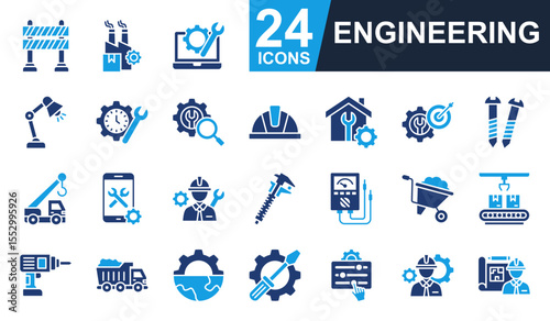 Engineering Icons set vector illustration. Containing manufacturing, real estate, engineer, time management, construction and more. Simple solid icons collection.