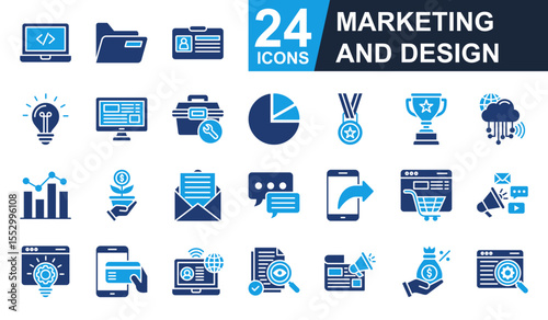 Marketing And Design Icons set vector illustration. Containing folder, idea, tool box, medal, trophy and more. Simple solid icons collection.