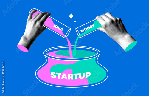Startup concept. Halftone hands pouring idea and money from test tubes into a common pot. Teamwork concept. Investments in a new business. Common efforts. Components of success. Modern collage