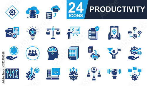 Productivity Icons set vector illustration. Containing automated process, professional portfolio, save time, organization, improvement and more. Simple solid icons collection.