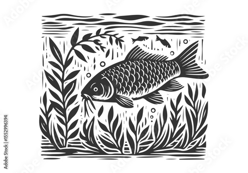 Common Carp Hand Drawn Natural Illustration Stylized as Linocut Vector Isolated by AZ for Books, Arts, Design and Decoration Graphic Asset