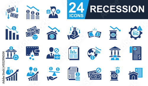 Recession Icons set vector illustration. Containing inflation, fired, economic crisis, crisis management, unemployment and more. Simple solid icons collection.