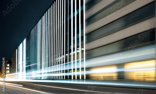 Modern City Building at Night with Light Streaks and Car Trails