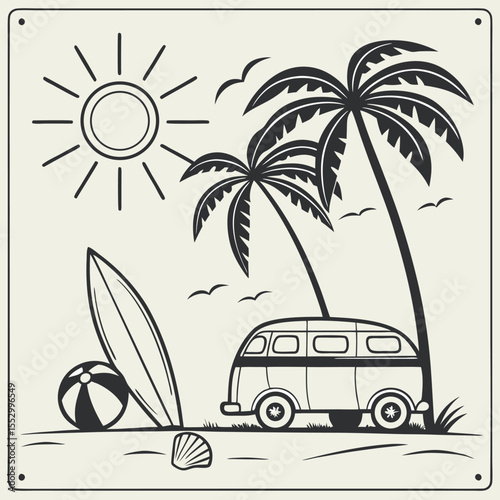 Retro Van Life Adventure Under Tropical Sun With Surfboard And Beach Ball