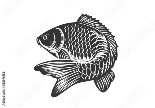 Common Carp Hand Drawn Natural Illustration Stylized as Linocut Vector Isolated by AZ for Books, Arts, Design and Decoration Graphic Asset