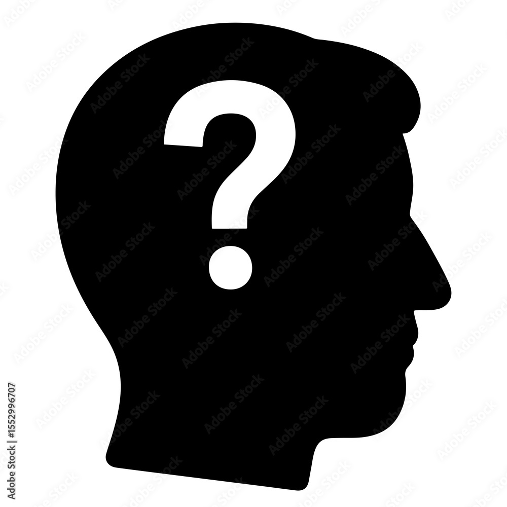 Flat black vector icon of human head and brain silhouette with question mark inside, symbolizing confusion, hesitation, and outline design PNG Flat black vector icon of human head and brain silhouette with question mark inside, symbolizing confusion, hesitation, and outline design PNG