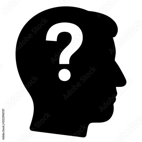 Flat black vector icon of human head and brain silhouette with question mark inside, symbolizing confusion, hesitation, and outline design PNG