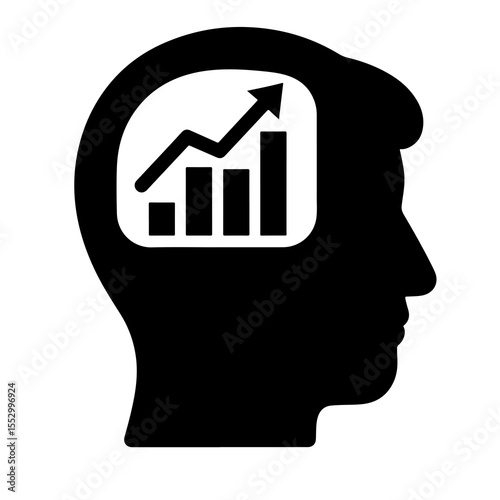Flat black vector icon of human head silhouette with rising bar graph inside, symbolizing growth, productivity, success, and outline design PNG