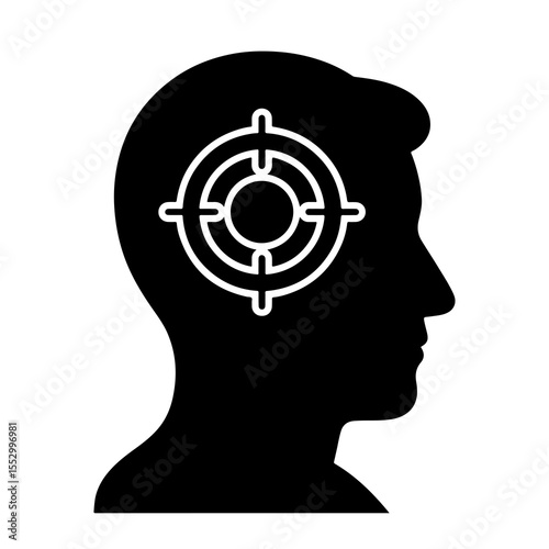 Flat black vector icon of human head and brain silhouette with target inside, symbolizing goal-oriented mindset, focus, and outline design PNG