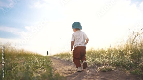 Child walking on dirt path. Toddler is walking on sunny path in field. A male exploring nature in a casual hat. A child strolls along a dirt trail lifestyle.