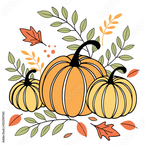 Autumn Harvest Pumpkins and Leaves Illustration