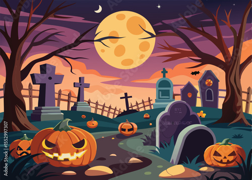 A vibrant Halloween-themed illustration of a graveyard at twilight.