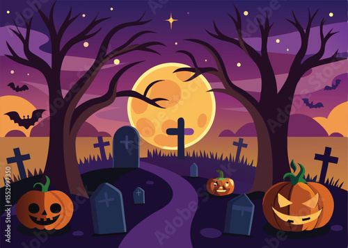 A vibrant, flat design Halloween graveyard scene at night.