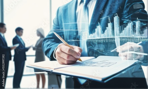 Businessman Planning City Development Blue Suit, Notepad, City Skyline Overlay