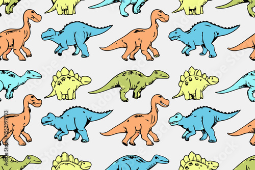 Dinosaur seamless pattern. Hand drawn vector dinosaurs with background view. Pattern with Tyrannosaurus Rex, Stegosaurus, Brachiosaurus, Triceratops, and Pterodactyl cartoons