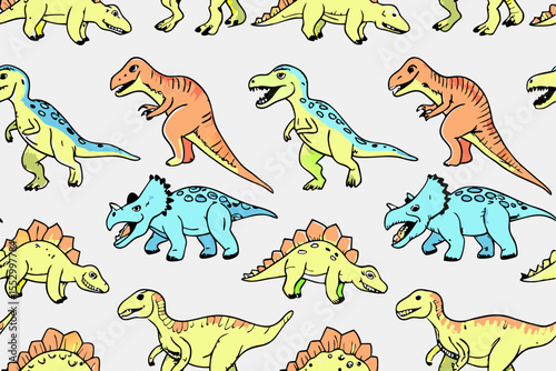 Dinosaur seamless pattern. Hand drawn vector dinosaurs with background view. Pattern with Tyrannosaurus Rex, Stegosaurus, Brachiosaurus, Triceratops, and Pterodactyl cartoons