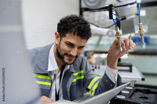 Latino robotic development engineer working robot arm connection control at electronic futuristic science laboratory. Hispanic technician learning innovation machine in automated engineering academy.