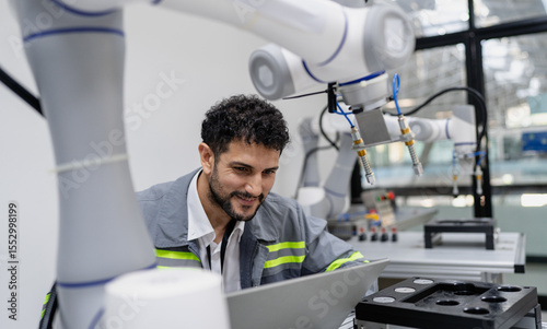 Latino robotic development engineer working robot arm connection control at electronic futuristic science laboratory. Hispanic technician learning innovation machine in automated engineering academy.