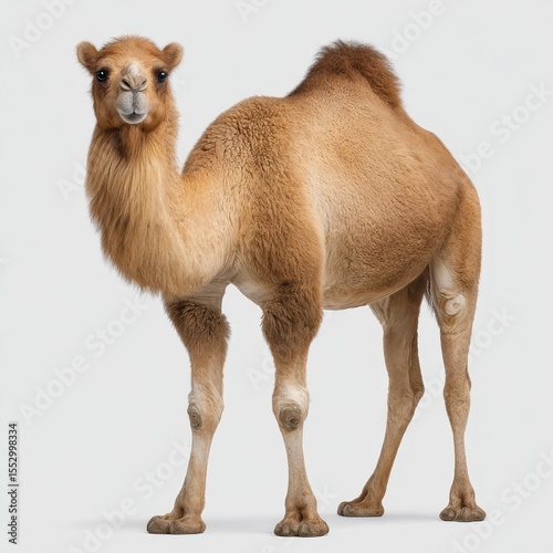 A full body studio portrait of a dromedary camel standing on a pure white background isolated on white background