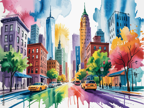 The bustling energy of New York City is depicted in this colorful watercolor cityscape. Iconic skyscrapers rise above a busy street filled with yellow cabs and lush green trees.