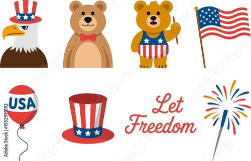 Freedom mascot doodle set. Eagle, bear, cupcake, top hat, and firework with red white blue pieces for adorable July 4th designs  