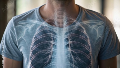 A person wearing a t-shirt with an anatomical illustration of the ribcage, showcasing a creative blend of fashion and science.