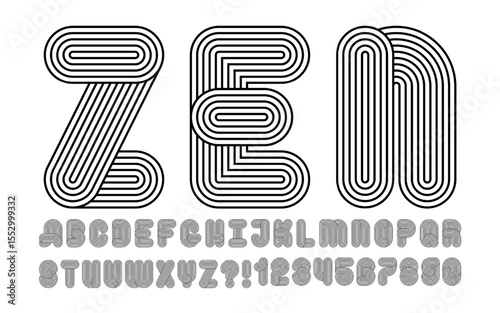 Number and letter bold design, vector striped pattern shapes. Geometric typeface with modern japan garden Zen aesthetics. Modern line monogram for optical illusion. Retro knot logo, curved shape font