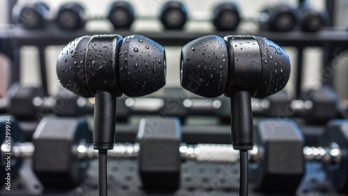 Headphones with water droplets, positioned in front of weights, suggest a fitness or sports theme.