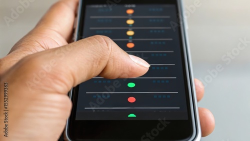 A hand interacts with a smartphone displaying colorful sliders and buttons, suggesting control or customization of settings.