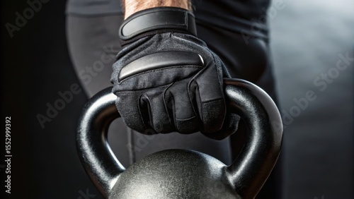 A close-up of a hand gripping a kettlebell, showcasing athletic gloves and strong musculature against a blurred background.