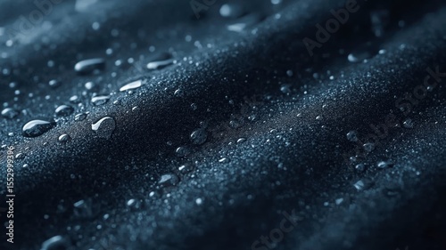 Moisture droplets on a dark surface create an abstract, textured background, evoking a sense of calm and tranquility.