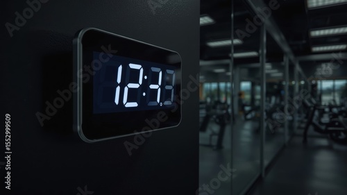 Digital clock displaying 12:30 in a modern gym setting, reflecting a fitness environment with workout equipment in the background.