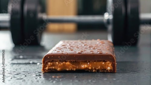 Protein bar placed on a gym floor with weights in the background, showcasing a fitness and nutrition theme.