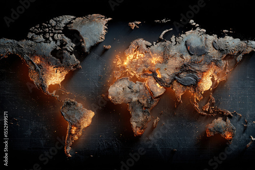 Glowing world map with burning continents visualizing global geopolitical conflict and climate emergencies. Concept of planetary instability, crisis zones and rising international tensions
