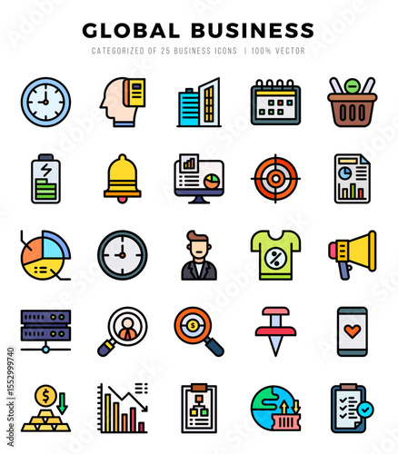 Set of Global Business Icons. Simple Lineal Color art style icons pack.