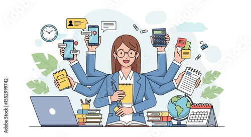 Adobe illustrator artwork vector illustration of a businesswoman multitasking. A concept of corporate efficiency, productivity, workload management, and professional skill in a flat modern style
