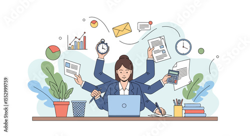 Adobe illustrator artwork vector illustration of a businesswoman multitasking. A concept of corporate efficiency, productivity, workload management, and professional skill in a flat modern style